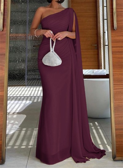 Elegant Ruched One-Shoulder Floor-Length Chiffon Evening Dresses With Long Ribbon Elegant Ruched One-Shoulder Floor-Length Chiffon Evening Dresses With Long Ribbon