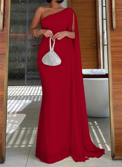 Elegant Ruched One-Shoulder Floor-Length Chiffon Evening Dresses With Long Ribbon