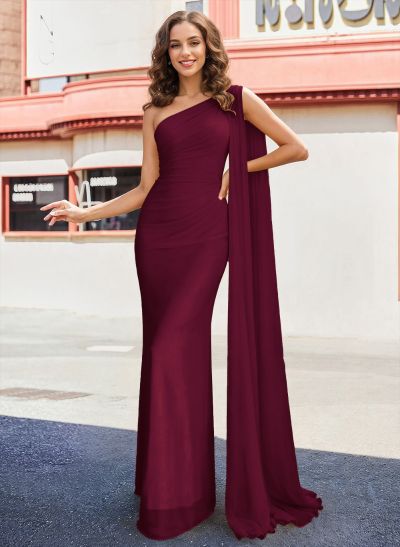 Sheath/Column One-Shoulder Sleeveless Floor-Length Chiffon Evening Dresses