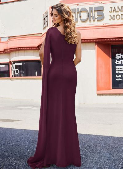 Elegant Ruched One-Shoulder Floor-Length Chiffon Evening Dresses With Long Ribbon Elegant Ruched One-Shoulder Floor-Length Chiffon Evening Dresses With Long Ribbon