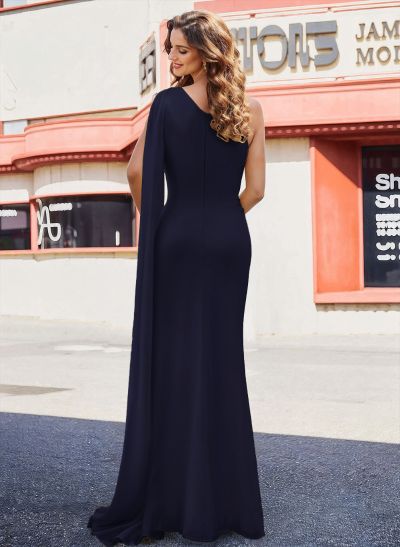 Elegant Ruched One-Shoulder Floor-Length Chiffon Evening Dresses With Long Ribbon Elegant Ruched One-Shoulder Floor-Length Chiffon Evening Dresses With Long Ribbon