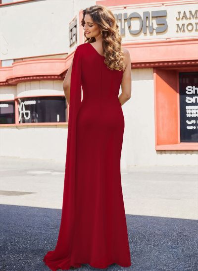 Elegant Ruched One-Shoulder Floor-Length Chiffon Evening Dresses With Long Ribbon
