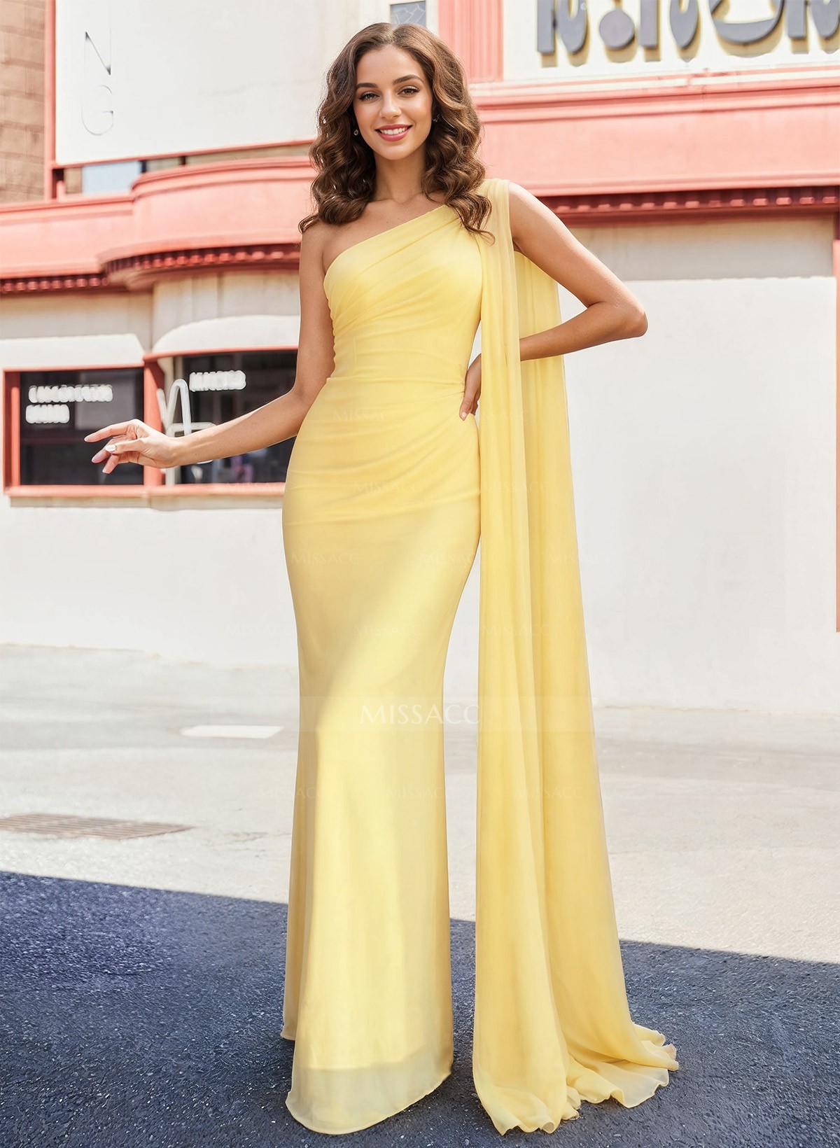 Elegant Ruched One-Shoulder Floor-Length Chiffon Evening Dresses With Long Ribbon