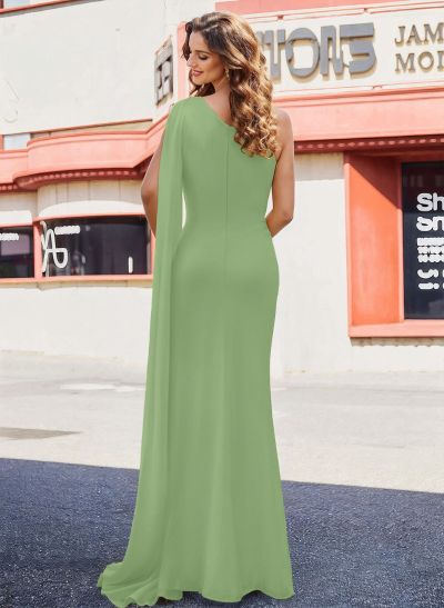 Elegant Ruched One-Shoulder Floor-Length Chiffon Evening Dresses With Long Ribbon Elegant Ruched One-Shoulder Floor-Length Chiffon Evening Dresses With Long Ribbon