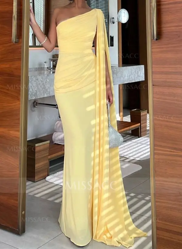 Sleeveless One Shoulder Long Dress With Ribbons Mist