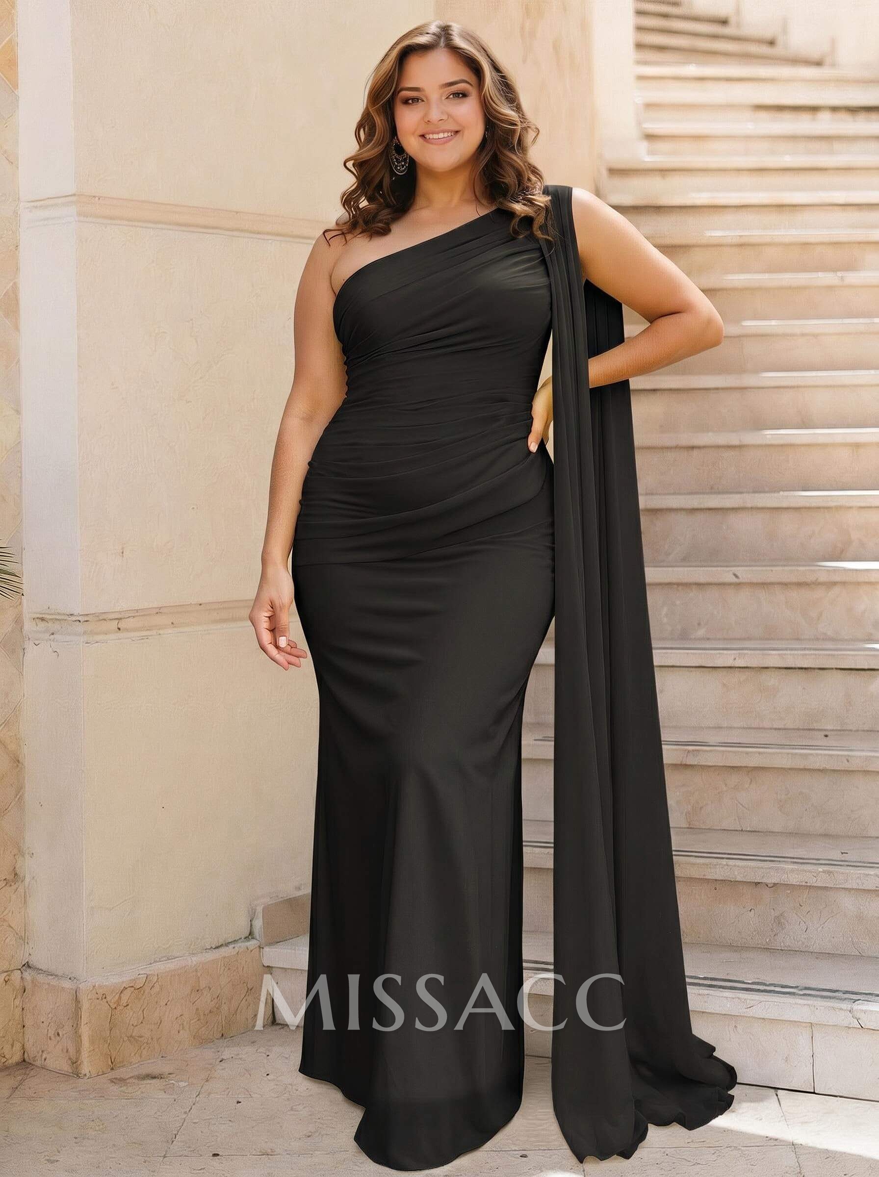 Elegant Ruched One-Shoulder Floor-Length Chiffon Evening Dresses With Long Ribbon
