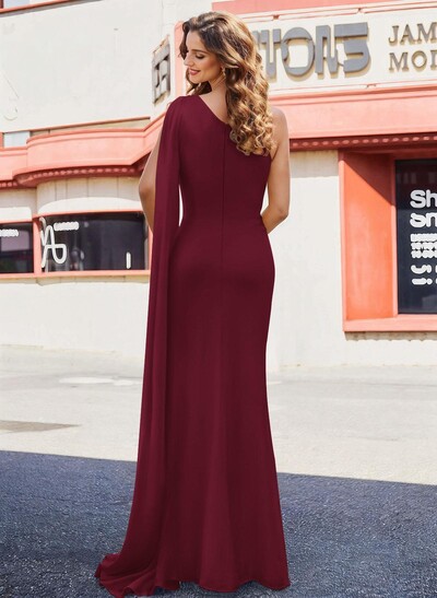 Elegant Ruched One-Shoulder Floor-Length Chiffon Evening Dresses With Long Ribbon