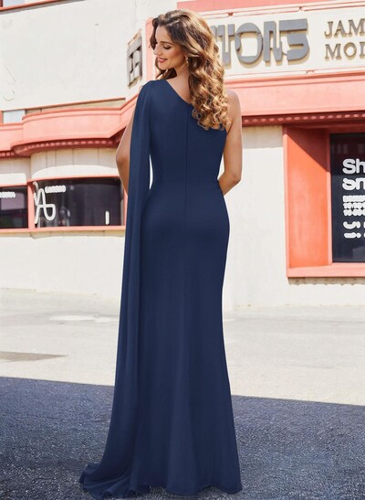 Elegant Ruched One-Shoulder Floor-Length Chiffon Evening Dresses With Long Ribbon