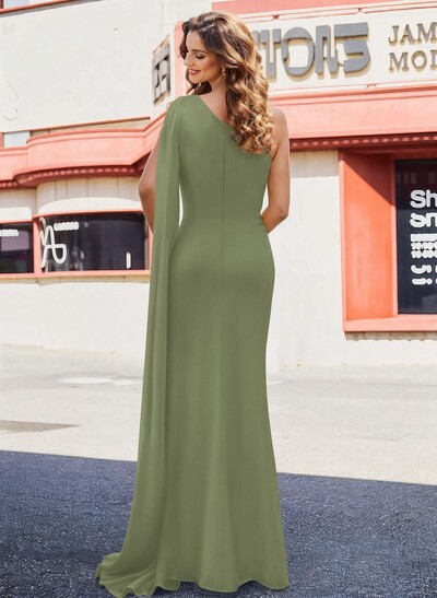 Elegant Ruched One-Shoulder Floor-Length Chiffon Evening Dresses With Long Ribbon