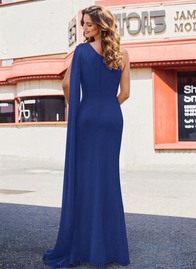 Elegant Ruched One-Shoulder Floor-Length Chiffon Evening Dresses With Long Ribbon