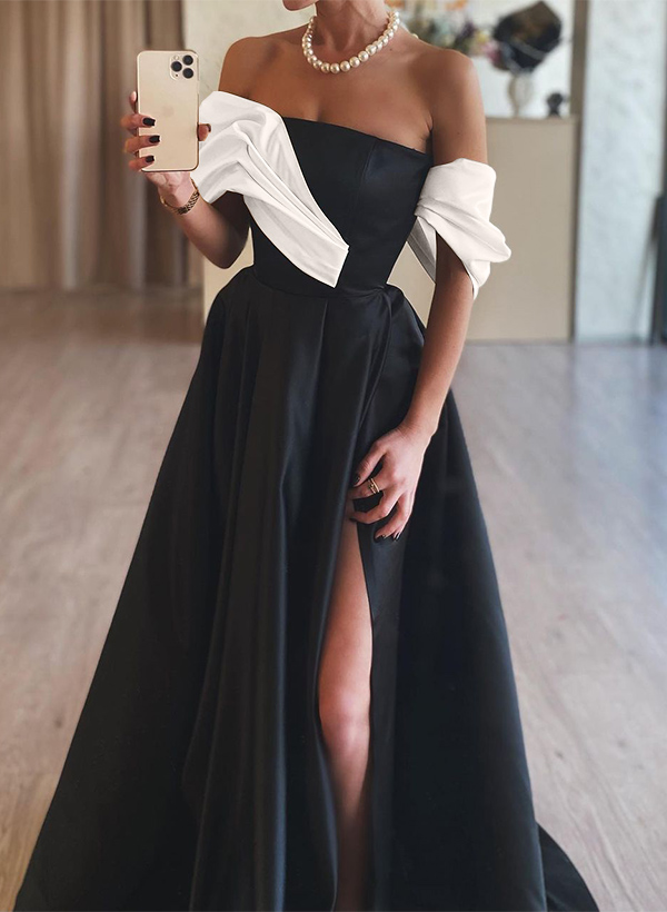 A-Line Off-The-Shoulder Sleeveless Satin Evening Dresses With High Split