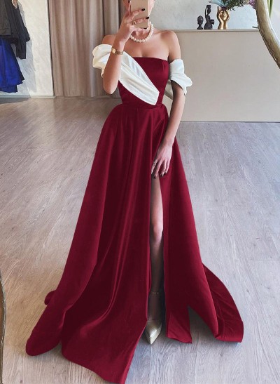 A-Line Off-The-Shoulder Sleeveless Satin Evening Dresses With High Split