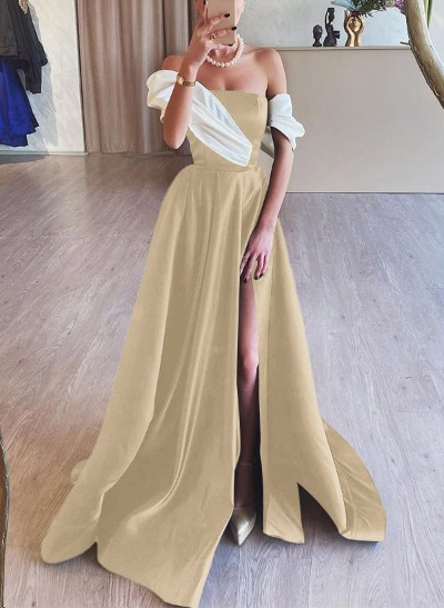 A-Line Off-The-Shoulder Sleeveless Satin Evening Dresses With High Split