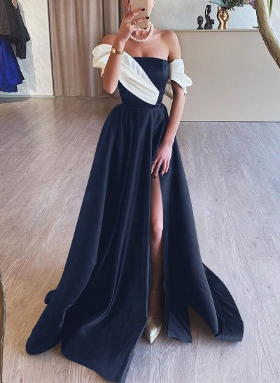 A-Line Off-The-Shoulder Sleeveless Satin Evening Dresses With High Split
