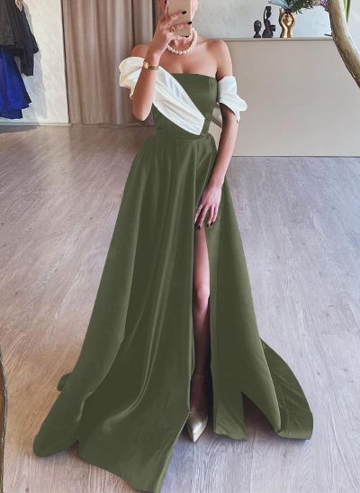 A-Line Off-The-Shoulder Sleeveless Satin Evening Dresses With High Split