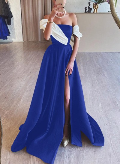 A-Line Off-The-Shoulder Sleeveless Satin Evening Dresses With High Split