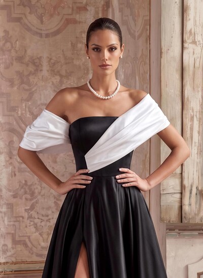 A-Line Off-The-Shoulder Sleeveless Satin Evening Dresses With High Split