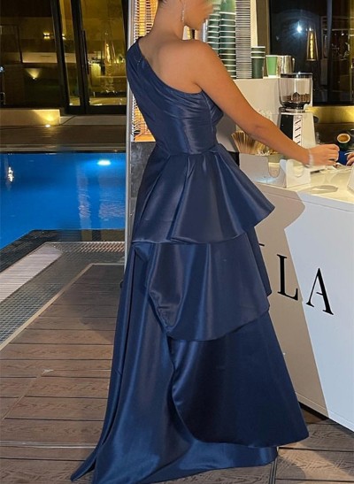 A-Line One-Shoulder Sleeveless Satin Evening Dresses With Ruffle