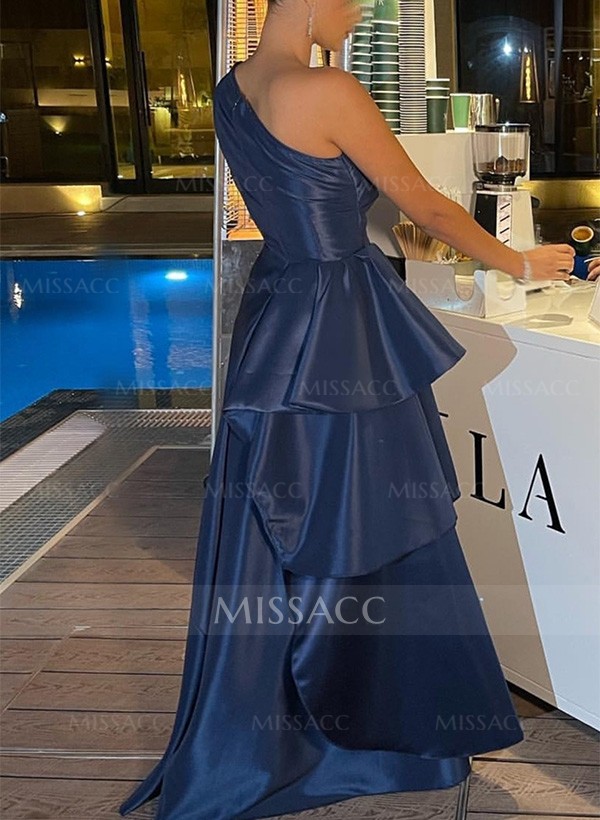 A-Line One-Shoulder Sleeveless Satin Evening Dresses With Ruffle