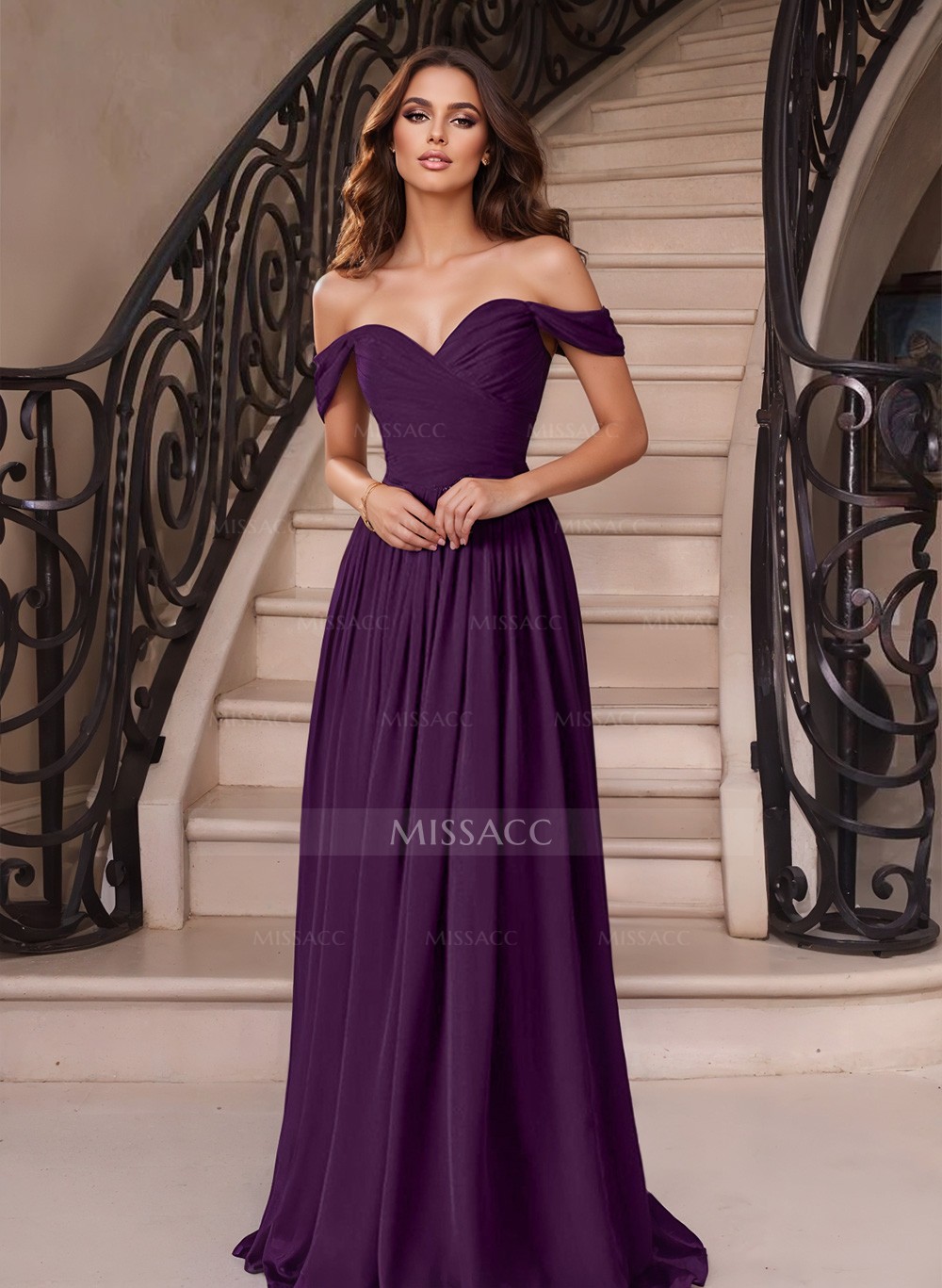 A-Line Off-The-Shoulder Sleeveless Sweep Train Chiffon Evening Dresses