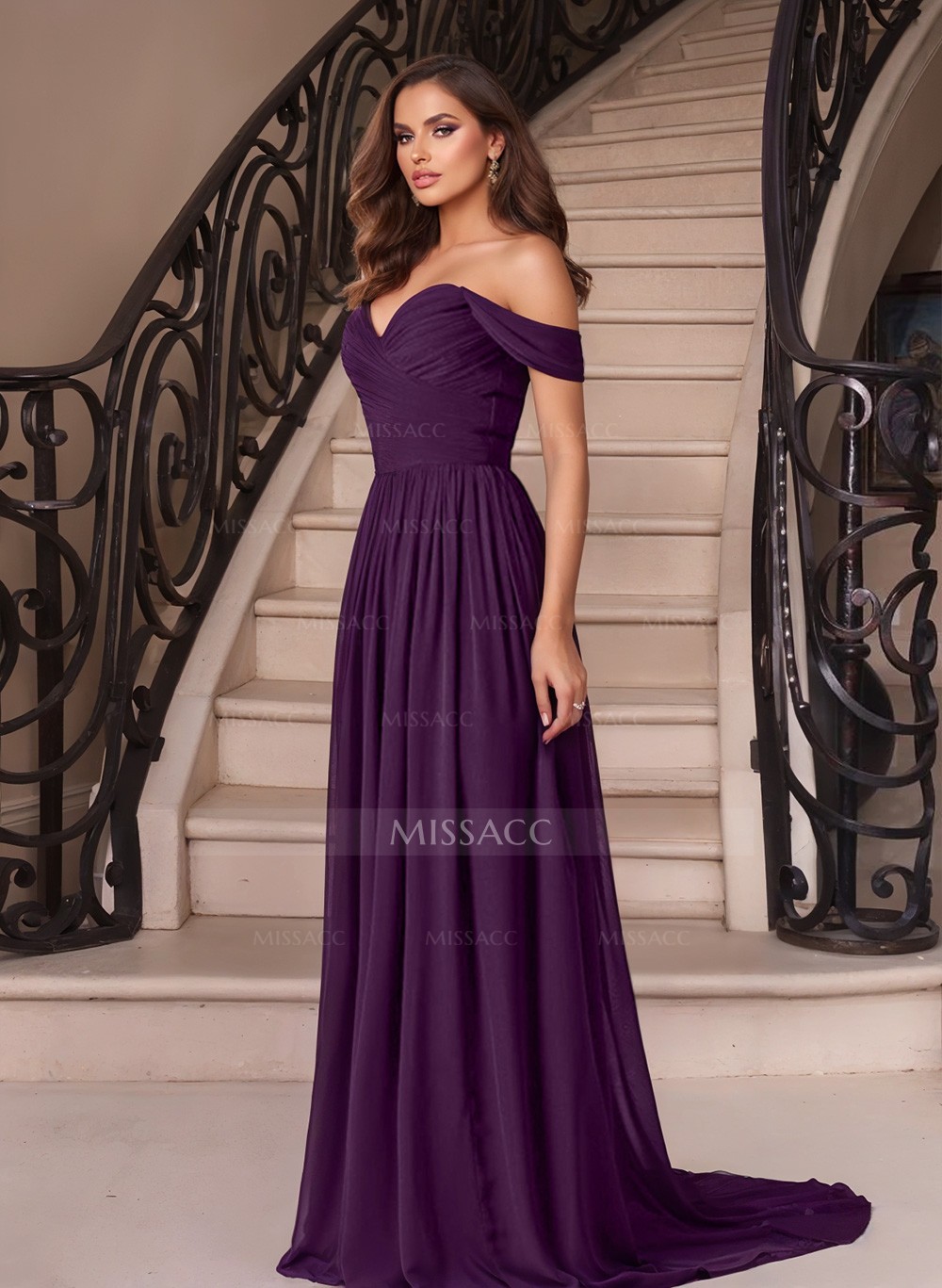 A-Line Off-The-Shoulder Sleeveless Sweep Train Chiffon Evening Dresses