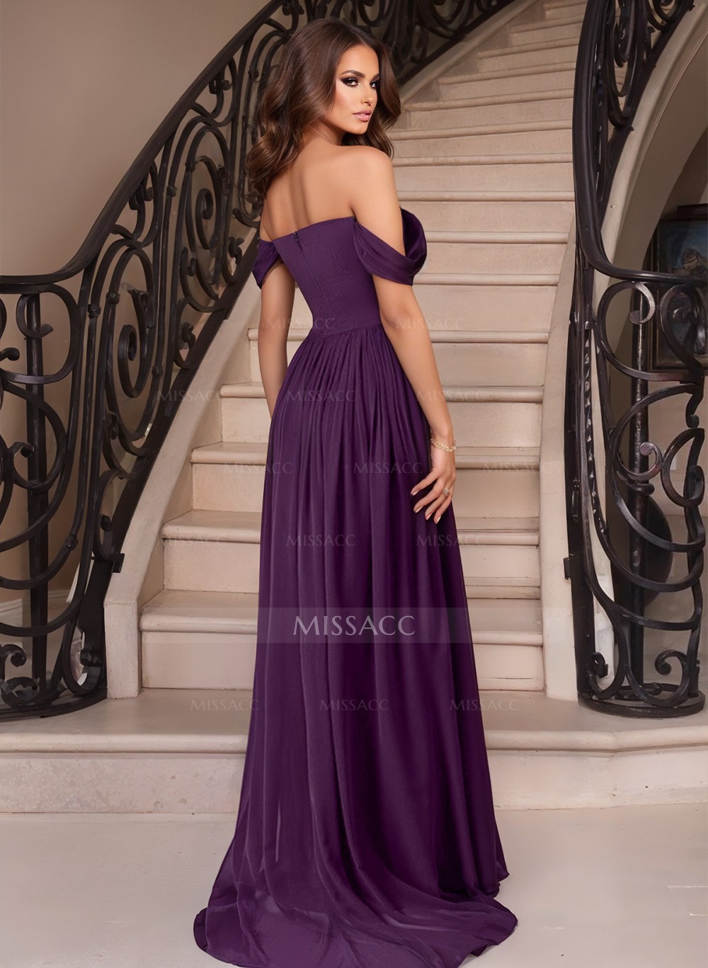 A-Line Off-The-Shoulder Sleeveless Sweep Train Chiffon Evening Dresses