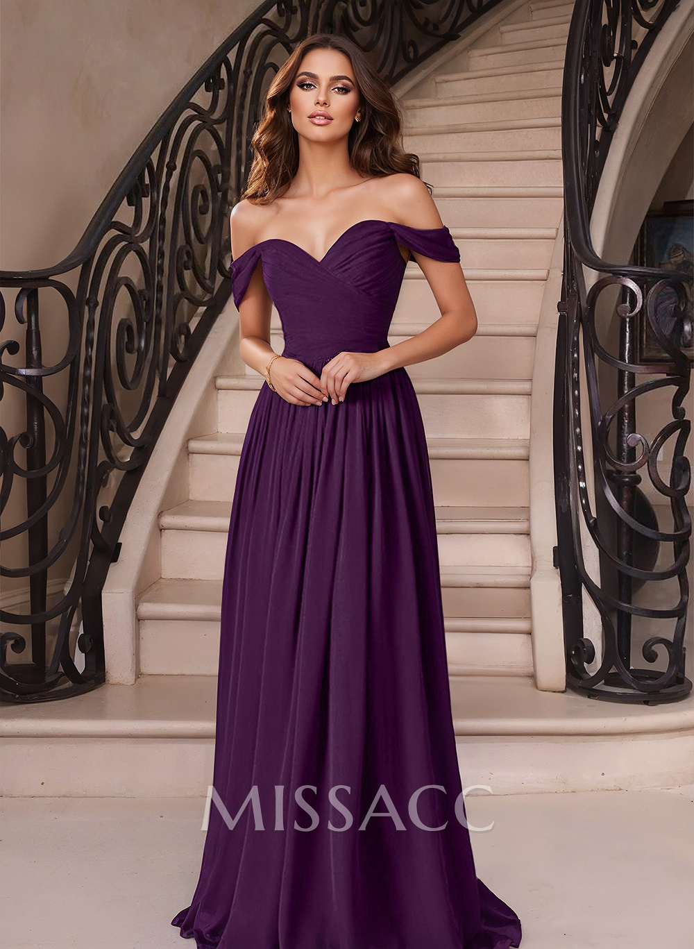 A-Line Off-The-Shoulder Sleeveless Sweep Train Chiffon Evening Dresses