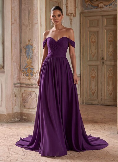 A-Line Off-The-Shoulder Sleeveless Sweep Train Chiffon Evening Dresses