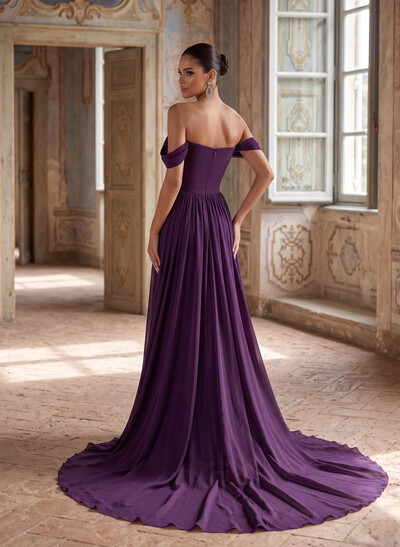 A-Line Off-The-Shoulder Sleeveless Sweep Train Chiffon Evening Dresses