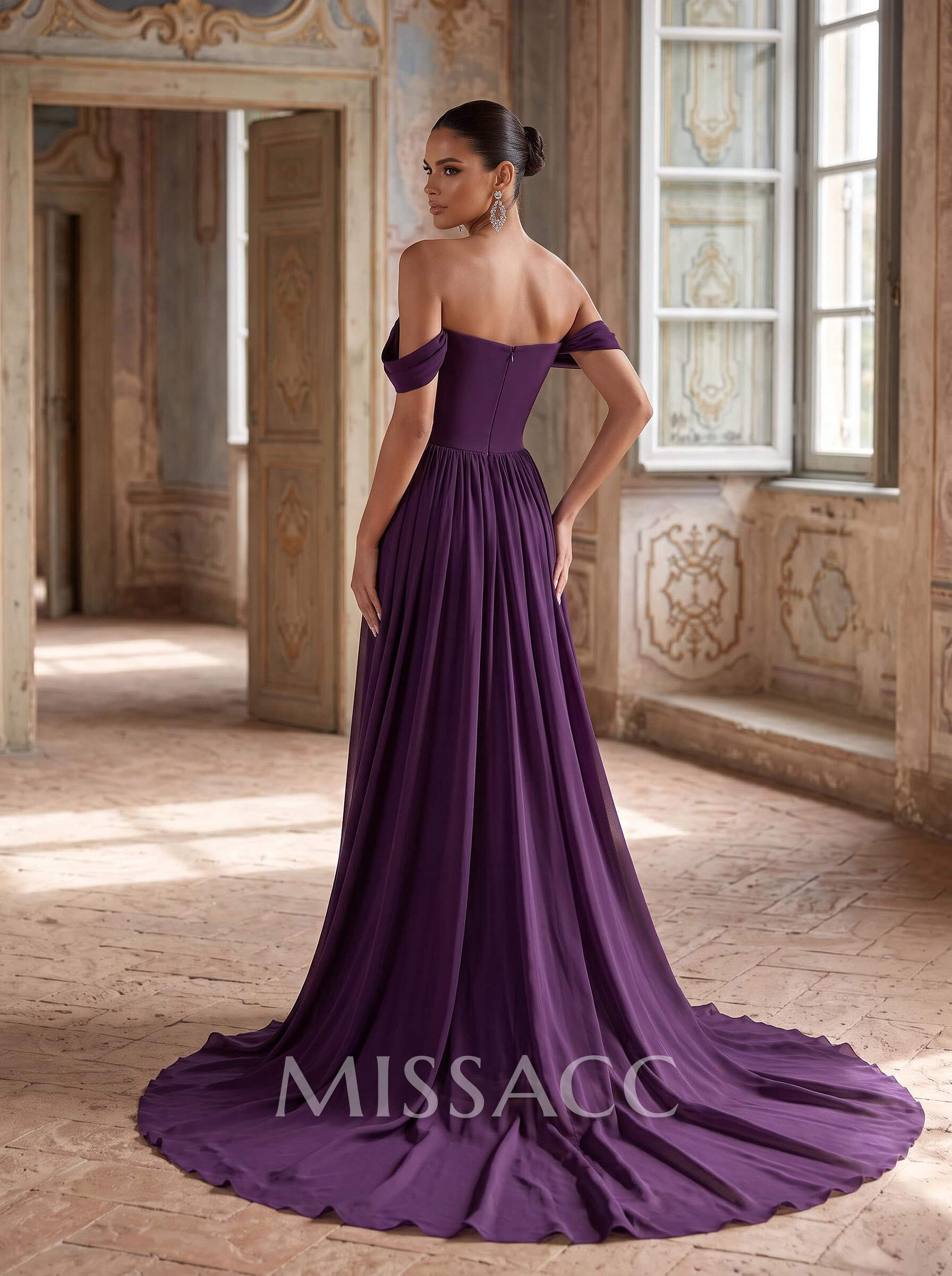 A-Line Off-The-Shoulder Sleeveless Sweep Train Chiffon Evening Dresses