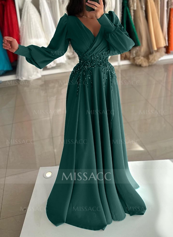 A-Line V-Neck Long Sleeves Chiffon Evening Dresses With Rhinestone