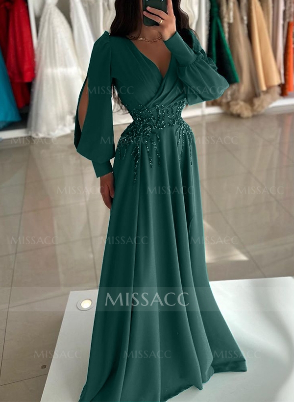 A-Line V-Neck Long Sleeves Chiffon Evening Dresses With Rhinestone