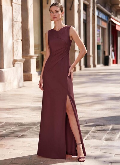 Sheath/Column V-Neck Sleeveless Elastic Satin Evening Dresses With Split Front