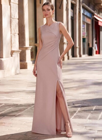 Sheath/Column V-Neck Sleeveless Elastic Satin Evening Dresses With Split Front