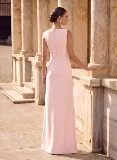 Fitted V-Neck Sleeveless Stretch Satin Evening Dress with Front Split