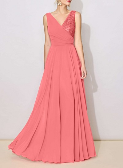 A-Line V-Neck Sleeveless Floor-Length Chiffon Evening Dresses With Sequins