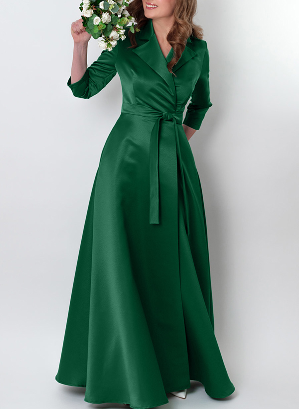 A-Line V-Neck Floor-Length Satin Mother Of The Bride Dresses With Sash