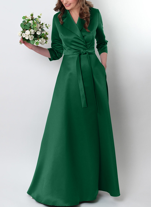 A-Line V-Neck 3/4 Sleeves Floor-Length Satin Bridesmaid Dresses With Sash