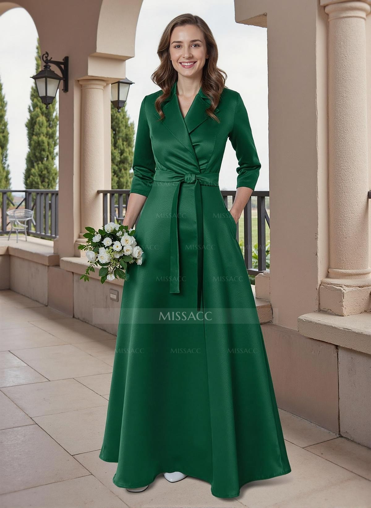 A-Line V-Neck Floor-Length Satin Mother Of The Bride Dresses With Sash