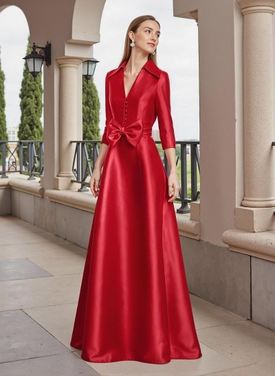 A-Line V-Neck 3/4 Sleeves Floor-Length Satin Mother Of The Bride Dresses With Bow(s)