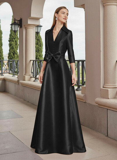 A-Line V-Neck 3/4 Sleeves Floor-Length Satin Mother Of The Bride Dresses With Bow(s)