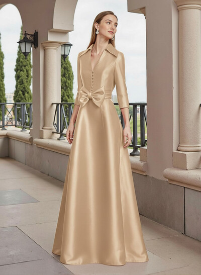 A-Line V-Neck 3/4 Sleeves Floor-Length Satin Mother Of The Bride Dresses With Bow(s)