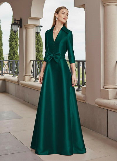 A-Line V-Neck 3/4 Sleeves Floor-Length Satin Mother Of The Bride Dresses With Bow(s)