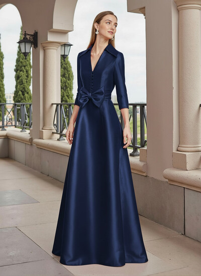 A-Line V-Neck 3/4 Sleeves Floor-Length Satin Mother Of The Bride Dresses With Bow(s)
