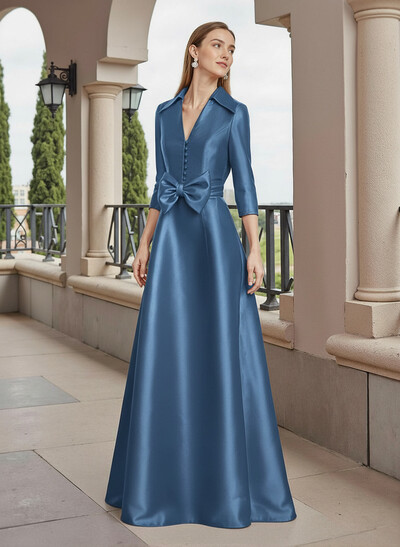 A-Line V-Neck 3/4 Sleeves Floor-Length Satin Mother Of The Bride Dresses With Bow(s)