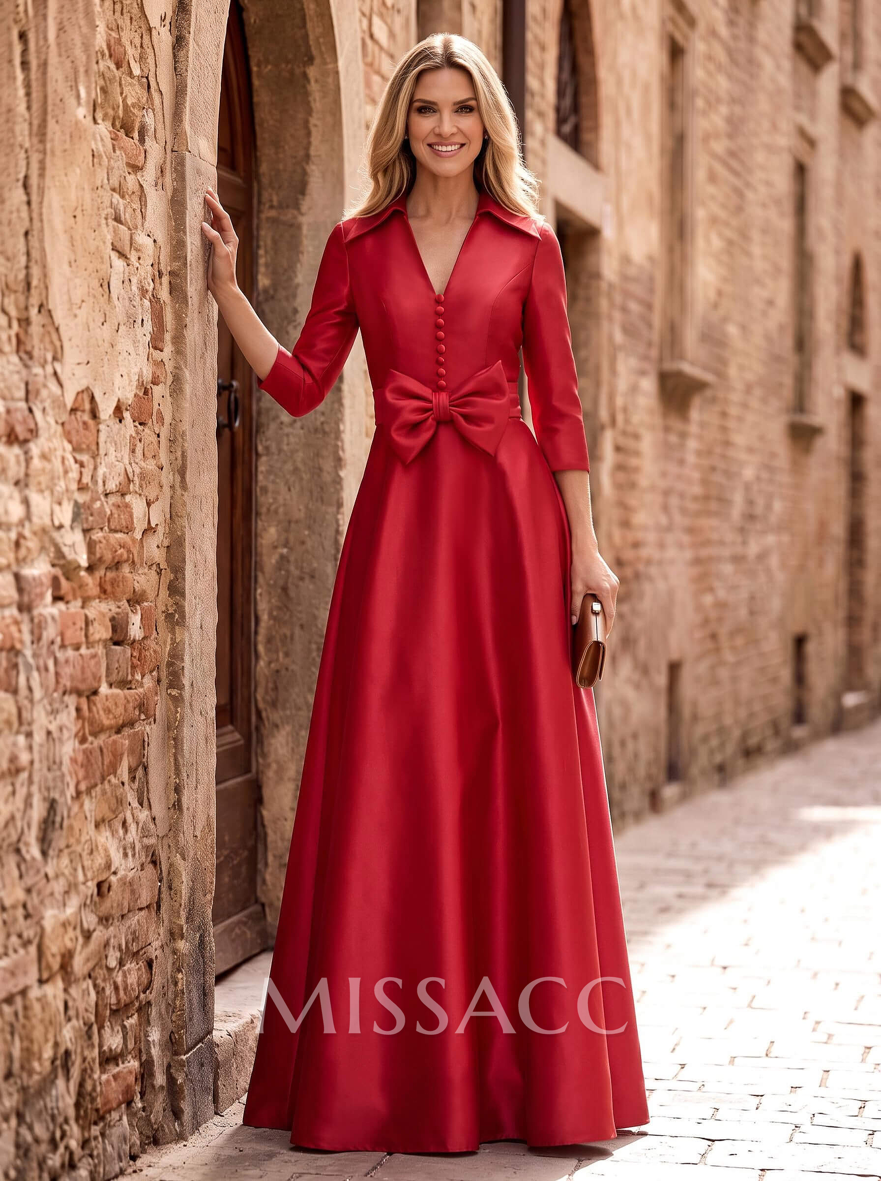 A-Line V-Neck 3/4 Sleeves Floor-Length Satin Mother Of The Bride Dresses With Bow(s) A-Line V-Neck 3/4 Sleeves Floor-Length Satin Mother Of The Bride Dresses With Bow(s)