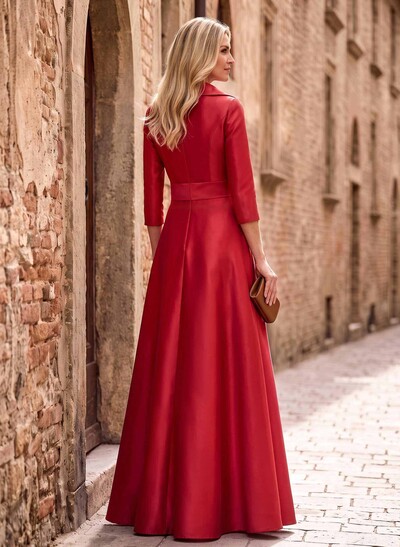 A-Line V-Neck 3/4 Sleeves Floor-Length Satin Mother Of The Bride Dresses With Bow(s)