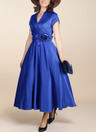 V-Neck Satin A-Line Mother Of The Bride Dresses With Ankle-Length
