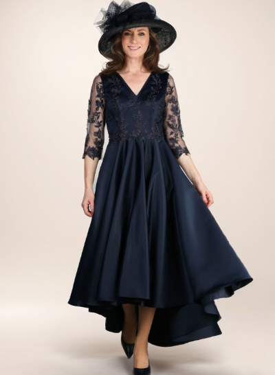 Lace Sleeves A-Line Asymmetrical Satin Mother Of The Bride Dresses