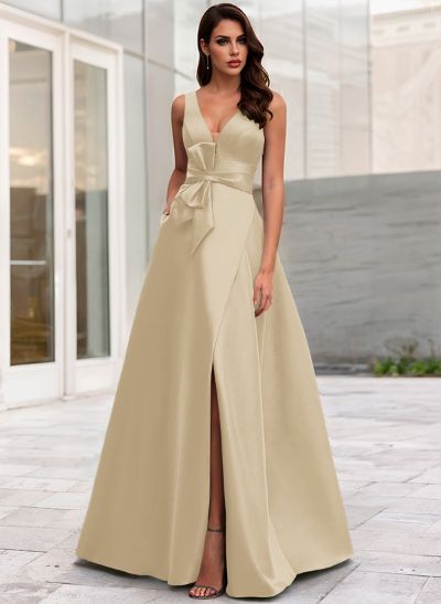 A-Line V-Neck Sleeveless Floor-Length Satin Mother Of The Bride Dresses With Bow(s)